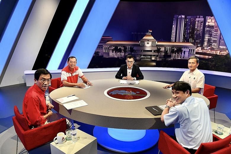 (Clockwise from left) Singapore Democratic Party chief Chee Soon Juan; the Progress Singapore Party's Francis Yuen; moderator Jaime Ho, chief editor at CNA Digital; Foreign Minister Vivian Balakrishnan, from the People's Action Party; and the Workers