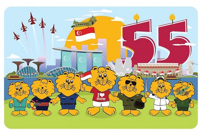 The ez-link cards commemorating Singapore's 55th birthday come in two sets of five designs in total. They feature Singa the Lion at prominent local landmarks and volunteers offering assistance in the community. PHOTOS: EZ-LINK