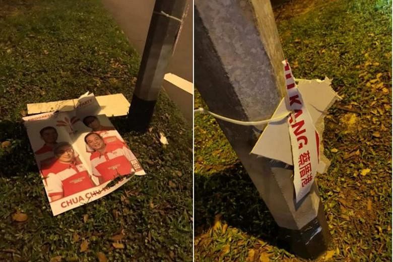 Photos of damaged posters of the Progress Singapore Party team contesting in Chua Chu Kang GRC, which were shared in a Facebook post yesterday by party chief Tan Cheng Bock. PHOTO: TAN CHENG BOCK/ FACEBOOK