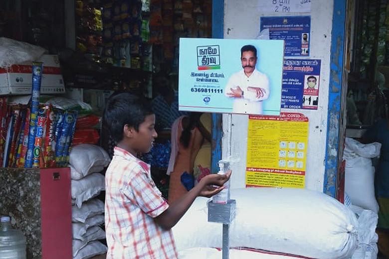 One of about 280 sanitiser stands installed across Chennai by volunteer project Naame Theervu. The project was launched last month by actor and politician Kamal Haasan. PHOTO: MAKKAL NEEDHI MAIAM