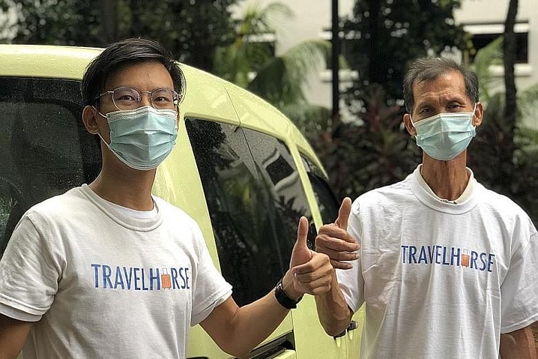 Mr Scott Koh (above left), pictured with his father Koh Yong Seng, launched Travelhorse as a luggage storage company, but began doing F&B deliveries in April instead.