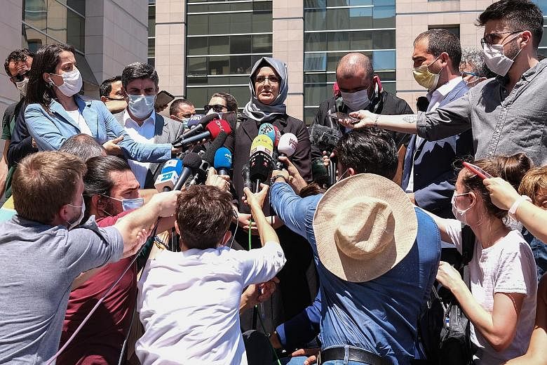 Ms Hatice Cengiz (top), the fiancee of Saudi journalist Jamal Khashoggi, speaking after the first session of his murder trial in Istanbul on Friday. PHOTOS: EPA-EFE