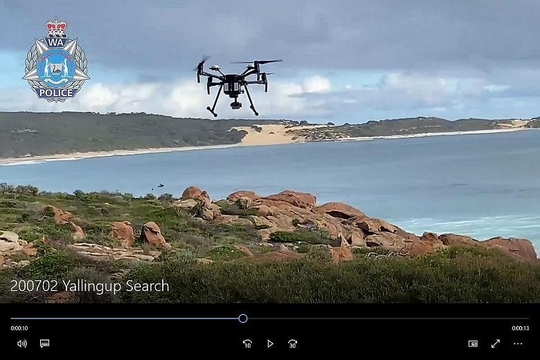 Drones (above) were used in the search for missing Singaporean Goh Heng Yi at Injidup Beach (left) on Australia's western coast. PHOTOS: WESTERN AUSTRALIA POLICE FORCE, COURTESY OF GOH HENG YI'S FRIENDS