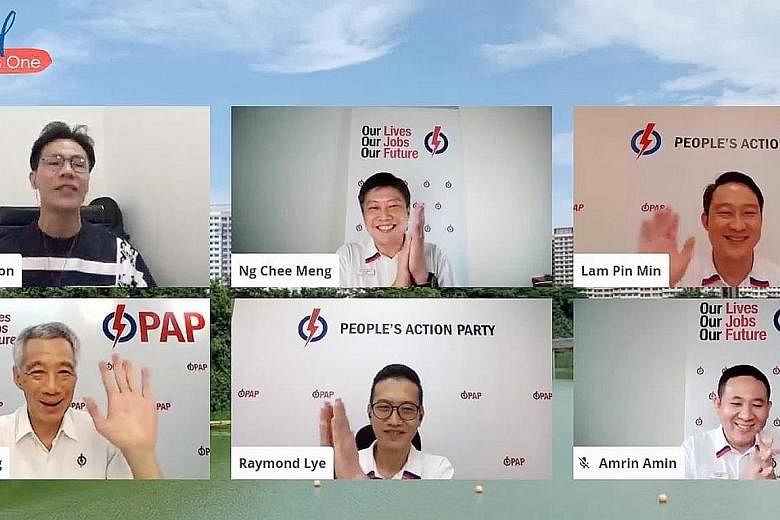 Prime Minister Lee Hsien Loong joined the PAP team for Sengkang GRC - (clockwise from top centre) Mr Ng Chee Meng, Dr Lam Pin Min, Mr Amrin Amin and Mr Raymond Lye - in a webinar on the party's plans for the constituency yesterday. The session was ho