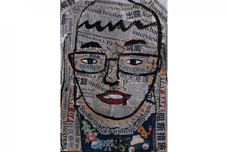 Twelve-year-old Aaron Yeo painted Masks, which was inspired by the different types of masks used by different people. Noises (above) is a collage of newspaper cuttings that represents his stress during the pandemic.