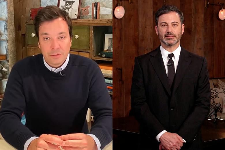 Late night talk-show hosts Jimmy Kimmel (above, left) and Jimmy Fallon.