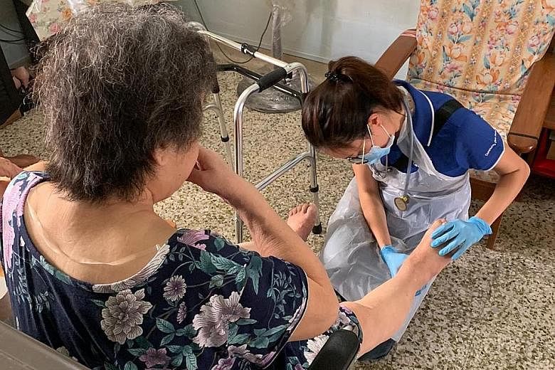 Nurse Antoinette Goh conducting a check-up in the home of a recovering patient. Beyond providing medical care and support to patients while they are in hospital, she sees the role of nurses as helping them "continue to stay healthy after their discha