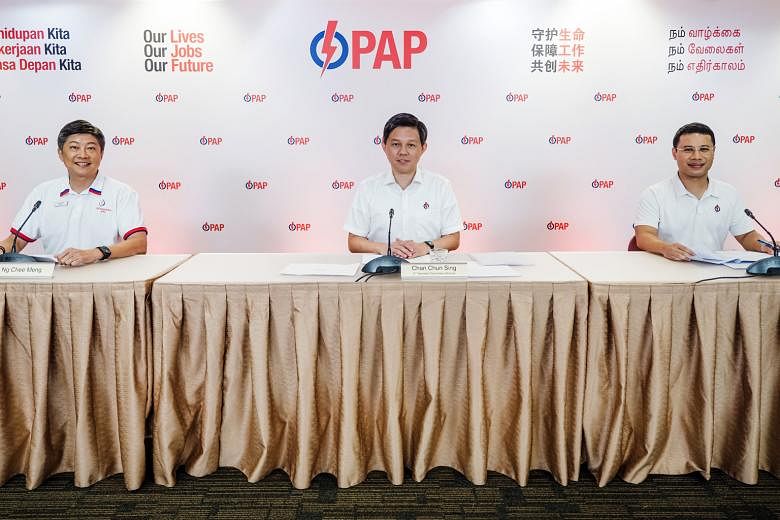 (From left) National Trades Union Congress secretary-general Ng Chee Meng, Minister for Trade and Industry Chan Chun Sing, and Minister for Social and Family Development Desmond Lee at a press conference yesterday, where they talked about the economi