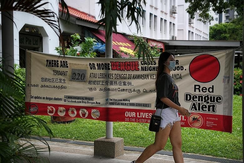A banner in Sims Avenue in Geylang on Thursday showing the number of dengue cases there. The vast majority of current dengue clusters are in the south-eastern part of Singapore. ST PHOTO: KUA CHEE SIONG