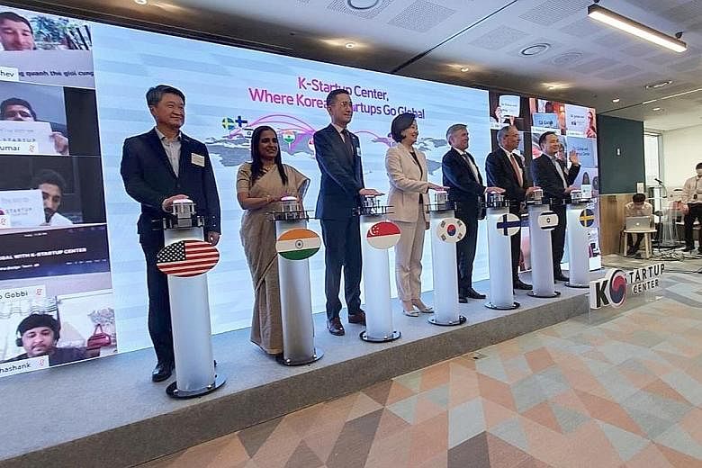 South Korea's Minister for SMEs and Start-ups Park Young-sun (centre) at the launch of three K-Startup Centres located in Singapore, Sweden and Finland during a ceremony in Seoul on Wednesday. Ms Park is joined by representatives from the host countries, 