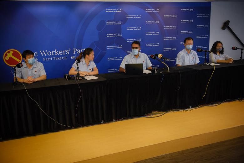 Workers' Party chief Pritam Singh (centre) at a virtual press conference conducted over video-conferencing app Zoom, with Sengkang GRC team members (from left) Jamus Lim, He Ting Ru, Louis Chua and Raeesah Khan at the party headquarters yesterday. ST