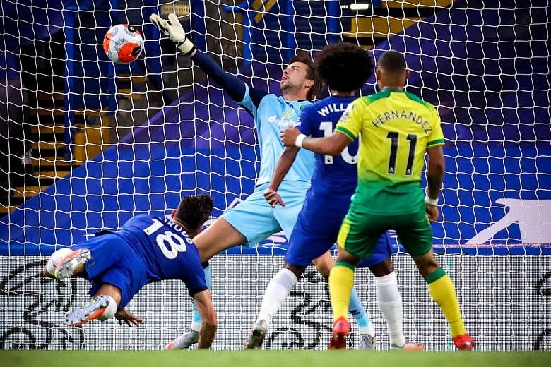 Chelsea forward Olivier Giroud scoring the only goal of their Premier League home match against Norwich on Tuesday. It was his fourth goal since the league resumed last month. PHOTO: EPA-EFE
