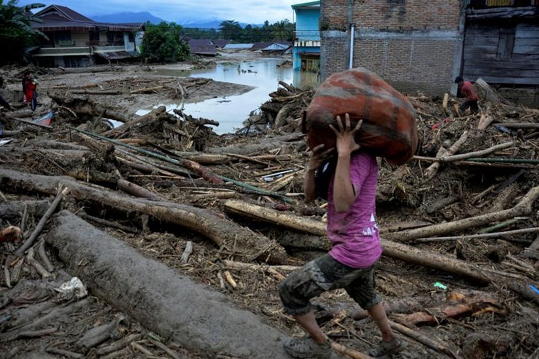 Fallen trees in a village in the North Luwu district of Indonesia's South Sulawesi province following flash floods. Heavy rain had inundated three nearby rivers for days, with the floods prompting the evacuation of hundreds.