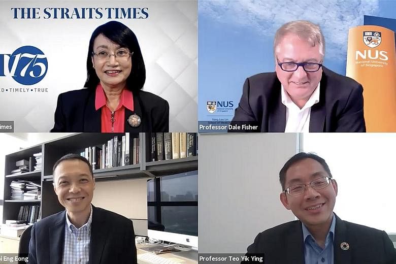 (Clockwise, from top left) ST senior health correspondent Salma Khalik moderating a webinar yesterday that featured Professor Dale Fisher, a senior infectious diseases expert at the National University Hospital; Professor Teo Yik Ying, dean of the Na