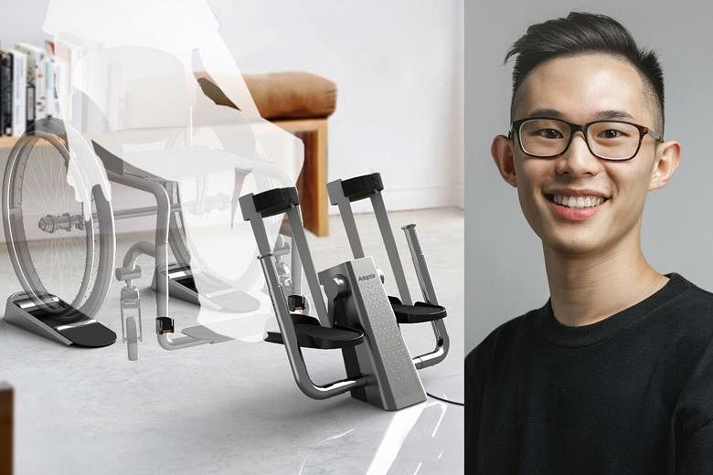 Adaptix (left), an exercise system for paraplegics designed by Mr Sherwin Ng (right), is a home-based portable device which features wheelchair rollers for cardio and muscle-strengthening workouts, and has motor-assisted leg pedals for passive-motion exer