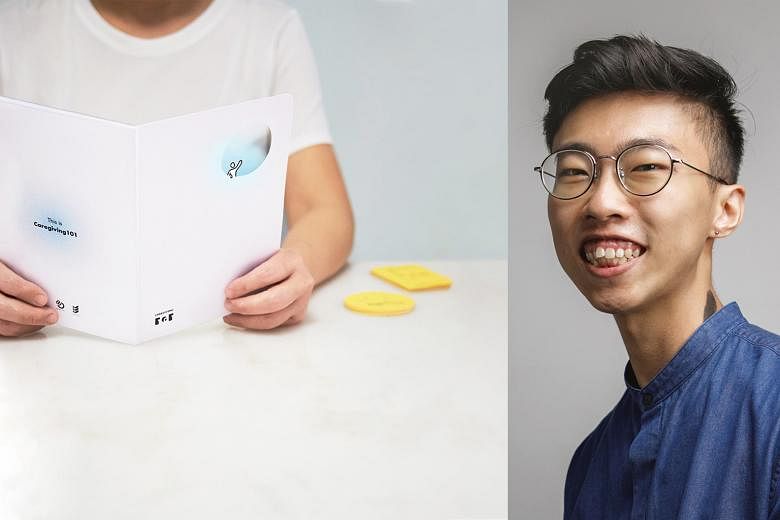 Comprising a name card and a book in which caregivers see themselves as a third party, the Caregiving101 project (left) by Mr Shawn Ng (right) hopes to use the experiences shared during caregiver support sessions to spread awareness of such events.