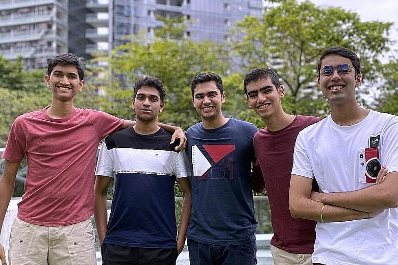 Students (from left) Vivek Venkatram, Logan Sethu, Atishay Dikshit, Rohan Punamiya and Gitansh Arora initiated Can Mah!, which pairs seniors with people who can help them get groceries.