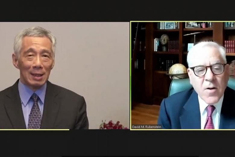 Prime Minister Lee Hsien Loong speaking to American businessman David Rubenstein during the interview hosted by the Atlantic Council yesterday. Worries about the direction of US-China ties featured heavily in the interview on Asia's response to tensi
