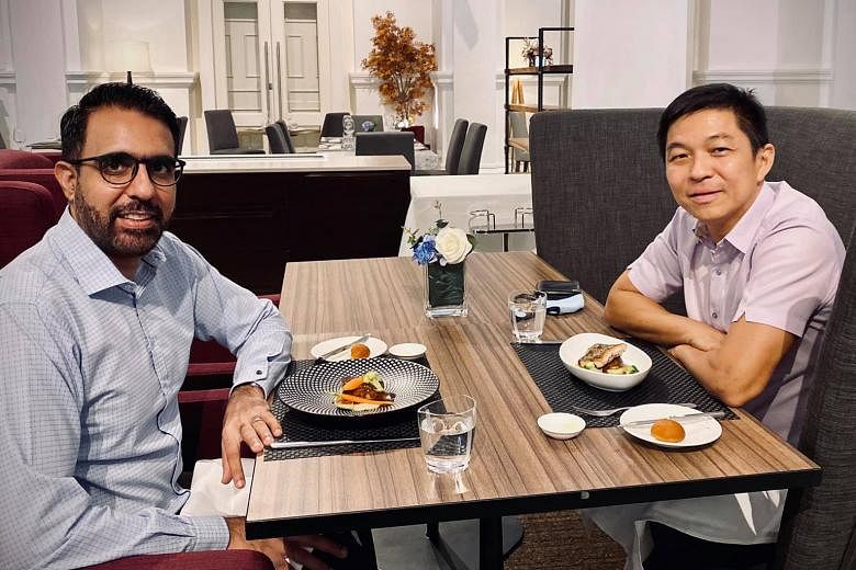 Workers' Party chief Pritam Singh and Speaker of Parliament Tan Chuan-Jin meeting over lunch yesterday. Mr Tan said they discussed the general election and politics, life in general, and also Mr Singh's role as Leader of the Opposition. PHOTO: TAN CH