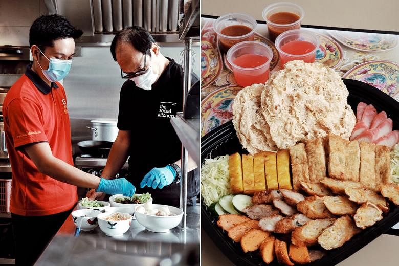 Clockwise from top right: Singapore's first social enterprise cloud kitchen, The Social Kitchen, is co-founded by Mr Alvin Yapp and Mr Ang Kian Peng (on left); a staff member from The Social Kitchen receiving training from an employee of Ming Fa Food
