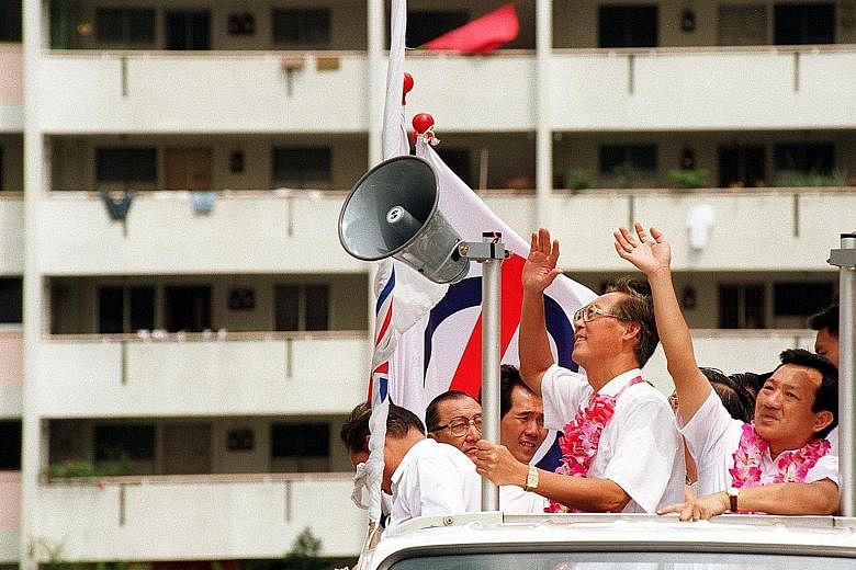 Mr Goh and the PAP's Bukit Gombak candidate Ang Mong Seng campaigning during the 1997 General Election. Mr Goh has fought 10 general elections and one by-election.
