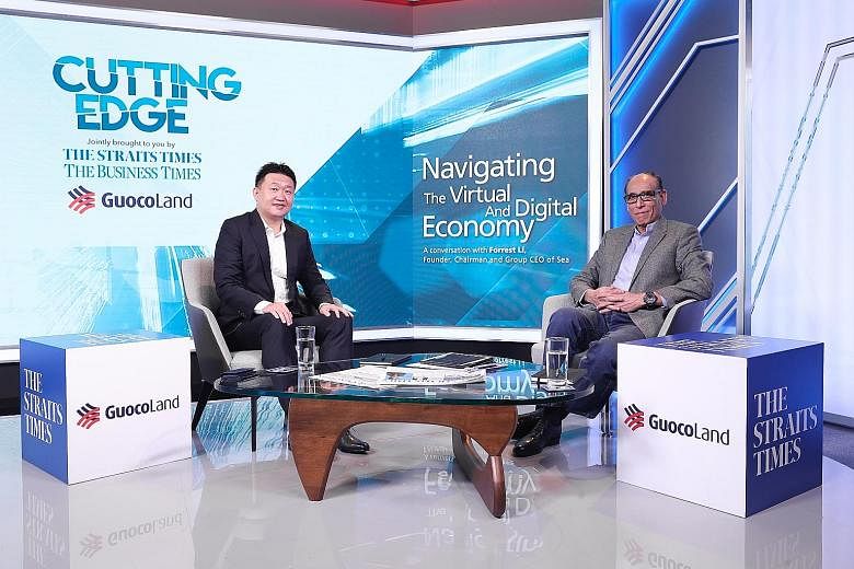 Mr Forrest Li, founder of NYSE-listed Singapore company Sea, with Straits Times associate editor Vikram Khanna during the Cutting Edge virtual forum last Thursday.