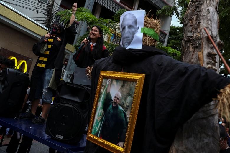 Protesters demanding the resignation of Thai Prime Minister Prayut Chan-o-cha at the Harry Potter-themed rally in Bangkok, where images of Voldemort, the main antagonist in the book and film series, were displayed. PHOTO: REUTERS