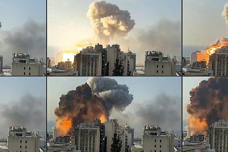 Footage taken on Tuesday and filmed from a high-rise building shows a fireball exploding (above) after an earlier explosion at the port of the Lebanese capital Beirut. The two huge blasts killed at least 100 people and wounded thousands, with the sho