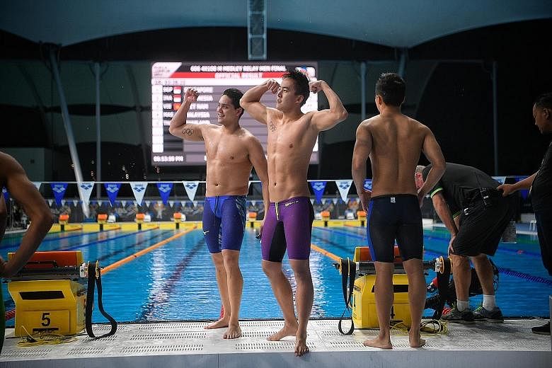 Olympic champion Joseph Schooling, pictured with 4x100m free relay teammate Quah Zheng Wen at the 2017 SEA Games, is Singapore swimming's biggest success story. The men's and women's relay teams are still aiming to qualify for the Tokyo Games.