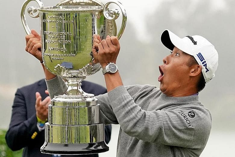 An ecstatic Collin Morikawa, who drove superbly, dropping the lid as he hoisted the Wanamaker Trophy at TPC Harding Park on Sunday.