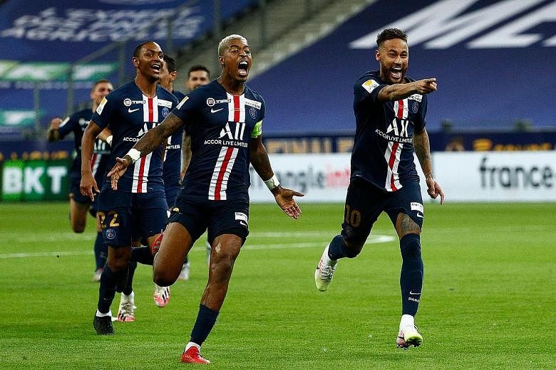 PSG forward Neymar (right) and teammates celebrating their French League Cup final win over Lyon at the Stade de France last month.
