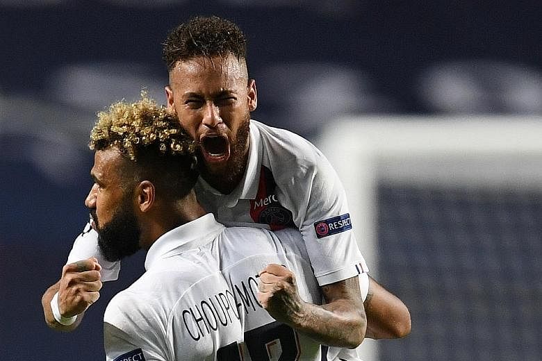 Top: PSG coach Thomas Tuchel, who injured his ankle last week, during their Champions League match against Atalanta. Right: PSG's Cameroon forward Eric Maxim Choupo-Moting celebrating with Neymar after scoring the winning goal to put the French Ligue