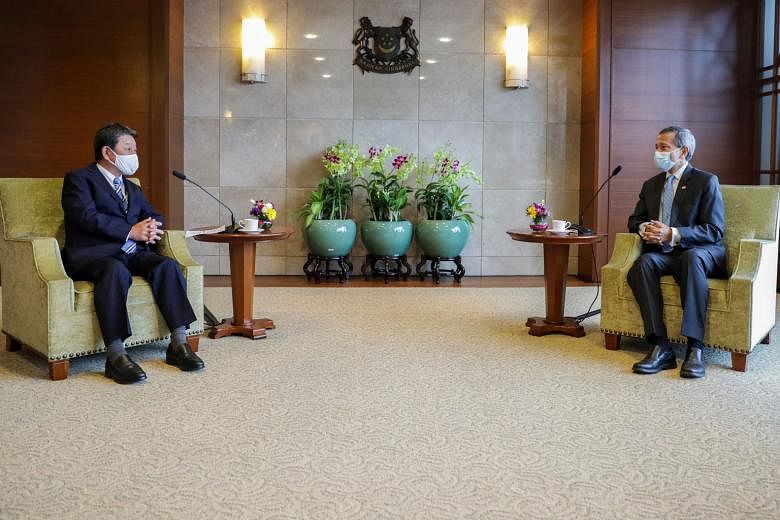 Foreign Minister Vivian Balakrishnan at a meeting with his Japanese counterpart Toshimitsu Motegi yesterday. Japan and Singapore are in talks to set up two tracks that will allow cross-border travel. PHOTO: MINISTRY OF FOREIGN AFFAIRS, SINGAPORE
