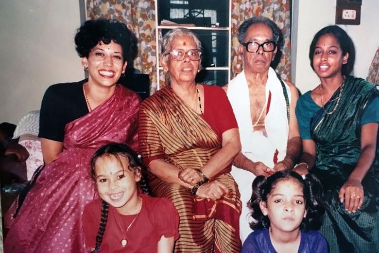 An undated photo showing (back row, from left) US Senator Kamala Harris, her grandmother Rajam Gopalan, grandfather P.V. Gopalan and sister Maya. Seated in front of them are her sister's daughter Meena (in red) and her cousin Sharada Balachandran Ori