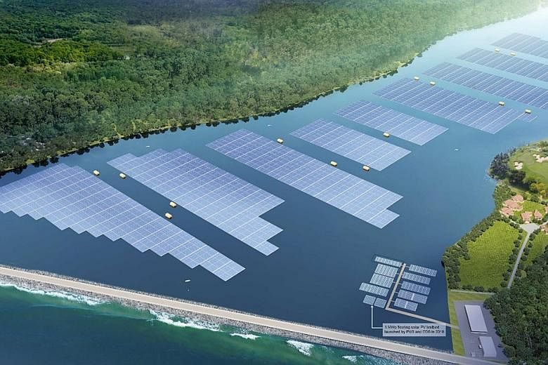 An artist's impression of the upcoming floating solar farm at Tengeh Reservoir. The farm is expected to offset about 32 kilotonnes of carbon emissions each year, equivalent to taking some 7,000 cars off the road. PHOTO: PUB/SEMBCORP