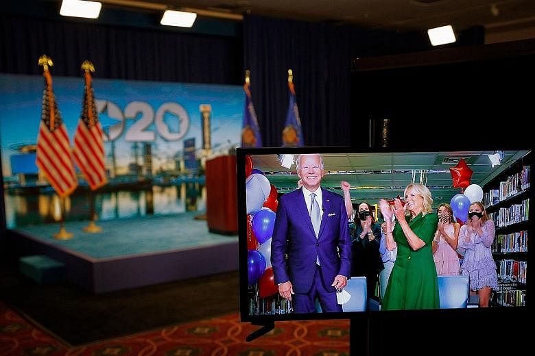 Former United States vice-president Joe Biden, with his wife Jill, after he was formally nominated on Tuesday as the Democratic presidential candidate during the second day of the party's national convention, which had to be held virtually because of