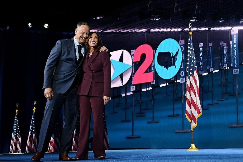 California Senator and Democratic vice-presidential nominee Kamala Harris and her husband Douglas Emhoff at the end of the third day of the Democratic National Convention, which was held virtually amid the coronavirus pandemic, at the Chase Centre in