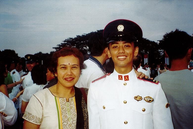 The writer, who made the decision to return to Singapore to serve national service, and his mother Selvarani Bannirchelvam, now 60, at his Officer Cadet School commissioning parade at Safti Military Institute in 2009.