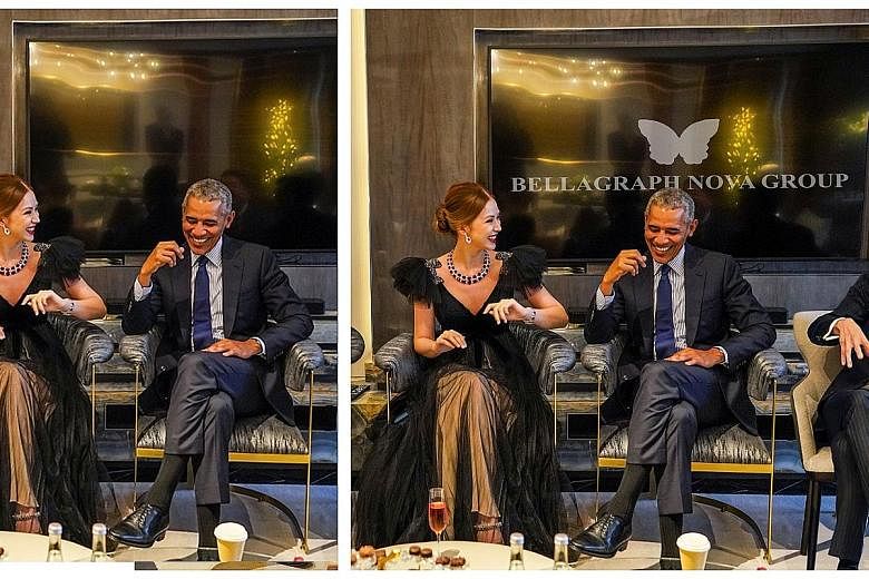 ALLEGEDLY PHOTOSHOPPED: BN Group co-founder Evangeline Shen with Mr Barack Obama at a charity event here last December with the firm's name and logo on the screen, and co-founder Terence Loh to Mr Obama's left. SAID TO BE ORIGINAL: This is believed t