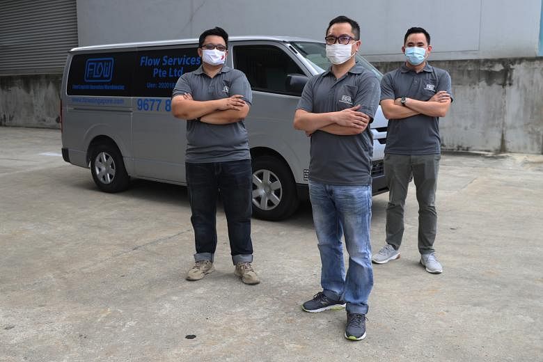 Flow Services co-founders (from left) Michael Wang, 39, Marvin Tan, 39, and Melvin Tan, 33. Flow is helping F&B firms in warehousing and storage issues, and handling inefficiencies in supply chains and deliveries.