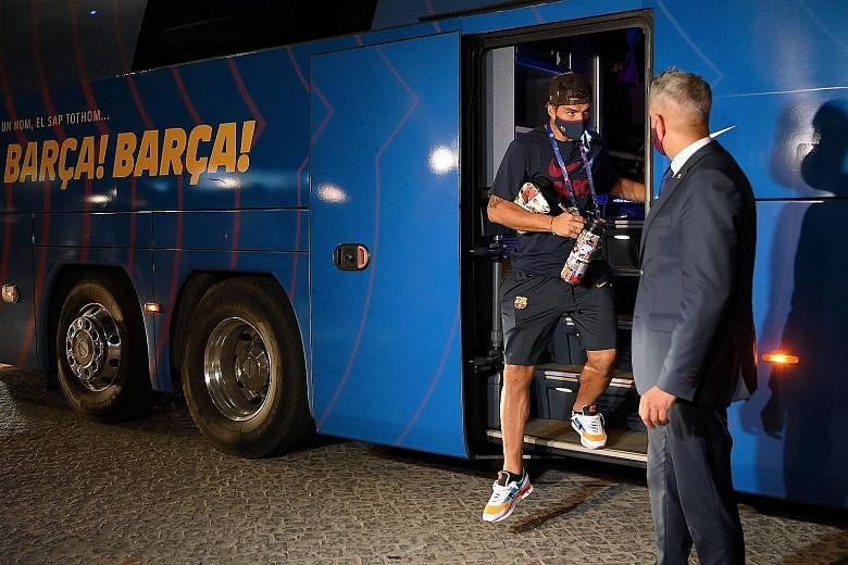 Barcelona's Luis Suarez (left) getting off the bus after their 8-2 Champions League defeat by Bayern Munich on Aug 14. He could be off to a new destination, with a reunion with former teammate Neymar at Paris Saint-Germain reportedly on the cards. Th