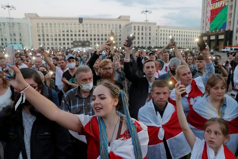 Belarusians protesting against the Aug 9 presidential election results, at an opposition rally at the Independence Square in Minsk, on Monday. PHOTO: REUTERS