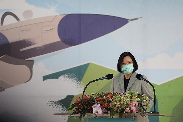 Taiwan President Tsai Ing-wen speaking at the inauguration ceremony for the F-16 maintenance centre in Taichung yesterday. The hub is the latest example of military cooperation between Washington and Taipei.