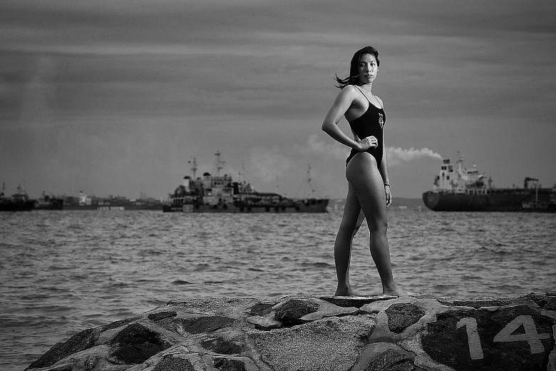 National open-water swimmer Chantal Liew training in the sea and posing out of it. ST PHOTOS: KEVIN LIM