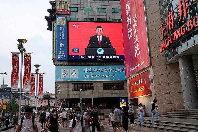 Compared with Mr Donald Trump, who has increasingly been cast by Chinese state media as having gone off his rocker, President Xi Jinping (seen here in news footage in Beijing last month) is seen as being above the fray and busy with tending to domest