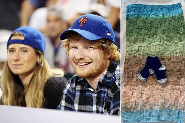 Ed Sheeran (below, with wife Cherry Seaborn) announced the birth of his first child with a photo of a pair of tiny socks on Instagram.