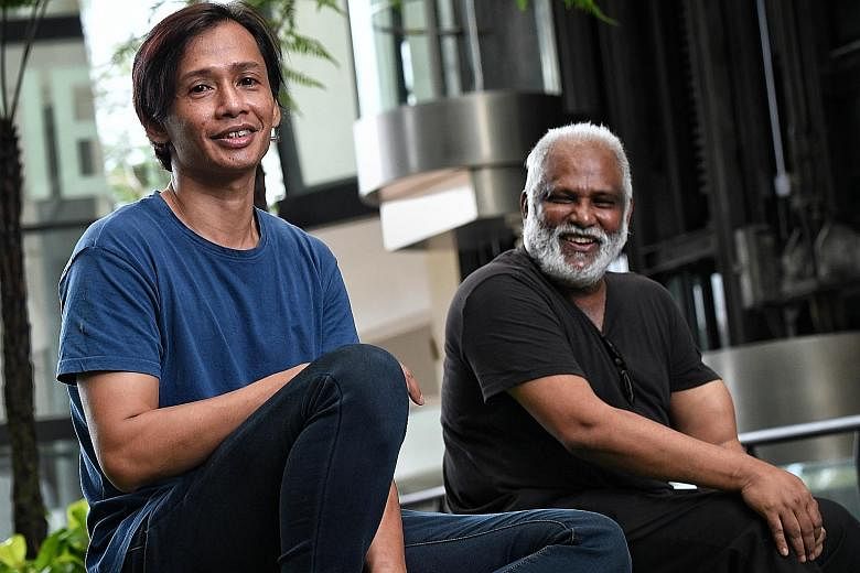 Mr Rahman Sanip, 45, with Dr. S Chandrasekaran, 60, head of McNally School of Fine Arts at Lasalle College of the Arts. Mr Rahman, a former drug addict who developed his passion for art while he was in prison, is pursuing a fine arts diploma and hope