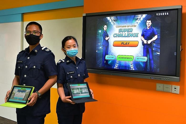 Sergeants Muhammad Jaffariz Siddiq Ahmad Azeri and Neo Fang Ning are among the first group of trainees in the prison officer course to use the gaming-style Mobile Interactive Training Application. The app - which trainees can access on their Singapor