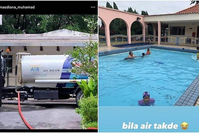 A screenshot of pictures said to be taken from Datin Seri Masdiana Muhamad's Instagram account showing a water tanker in front of the family home and their swimming pool. PHOTO: MASDIANA MUHAMAD/ INSTAGRAM