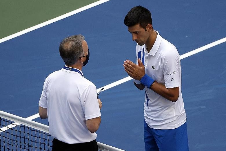 Novak Djokovic checking on the lineswoman after inadvertently striking her with a ball hit in frustration when he was 6-5 down. Right: The Serbian star pleading unsuccessfully with tournament referee Soeren Friemel not to disqualify him.